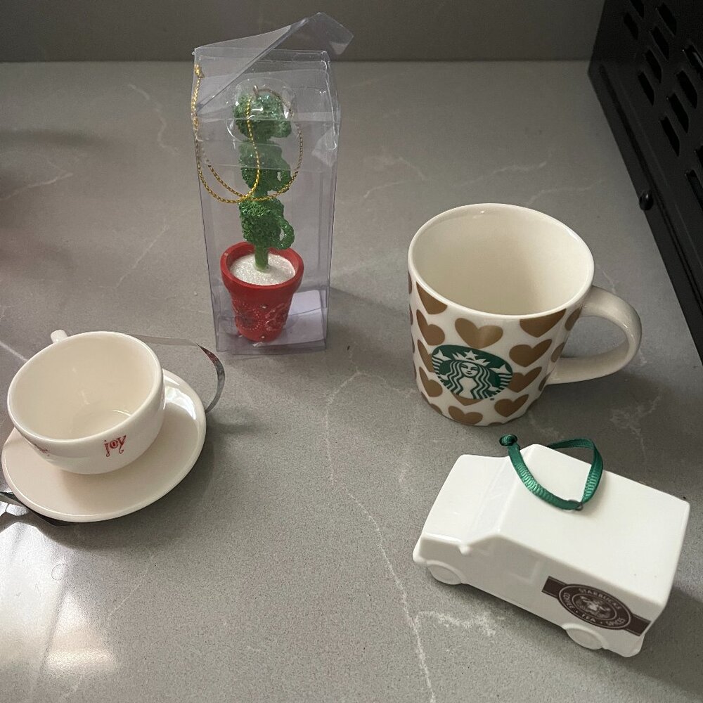Set of 3 Starbucks ornaments & one 3 oz demi cup